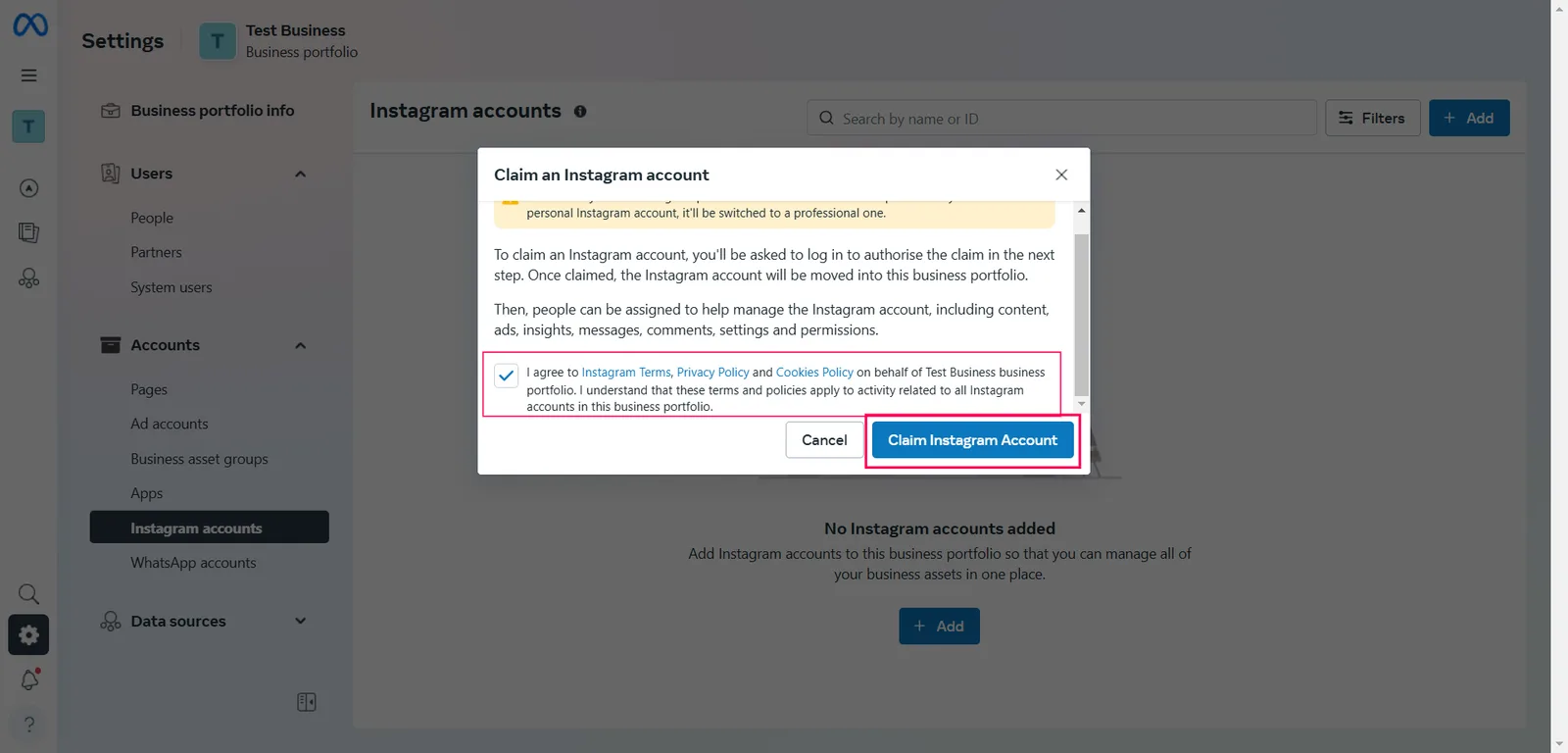 The Claim an Instagram account dialog with the terms checkbox ticked and the Claim Instagram Account button