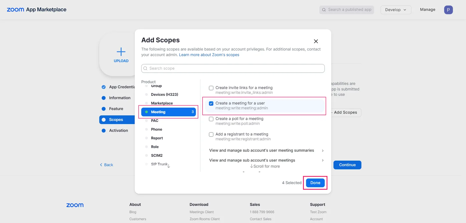 The Add Scopes dialog in the Zoom App Marketplace with the Meeting product open, Create a meeting for a user (meeting:write:meeting:admin) ticked and 4 scopes selected