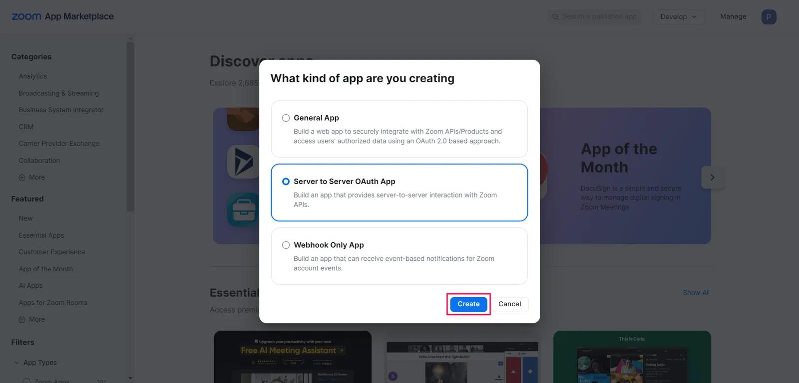 Choosing Server to Server OAuth App in the Zoom App Marketplace