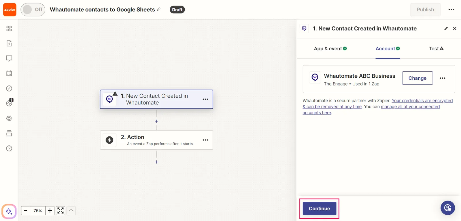 8. Once connected to your Whautomate account, please click the "Continue" button.