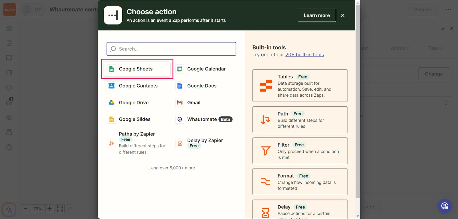 1. Select the Google Sheets in the app event to trigger the Zap when a new contact is created on the Whautomate app.