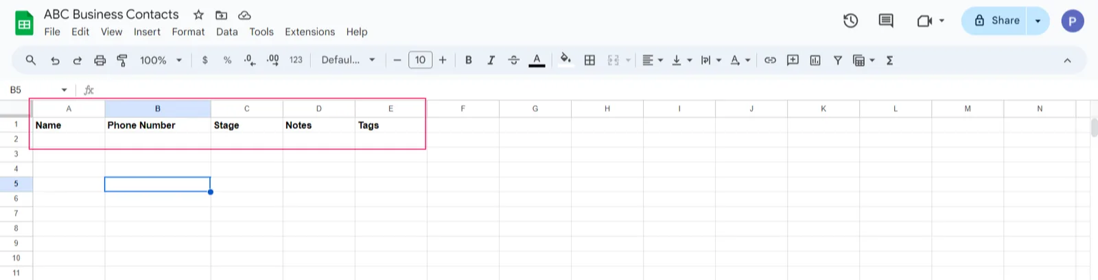 5. Add headers in the spreadsheet, as shown in the picture below. This is an example of contact details obtained from Whautomate that I want