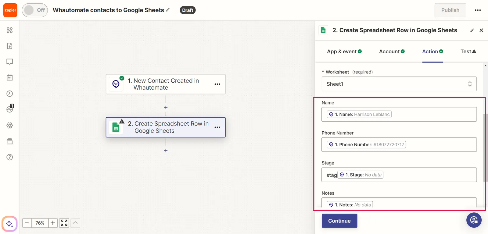 6. Set up your Whautomate contact fields to match your spreadsheet headers. Then click the continue button.