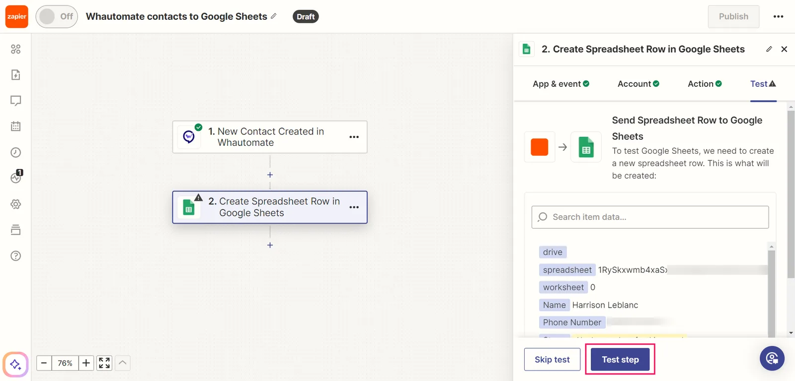 1. Click the "Test Step" button to verify that the spreadsheet received the test contact has been created.