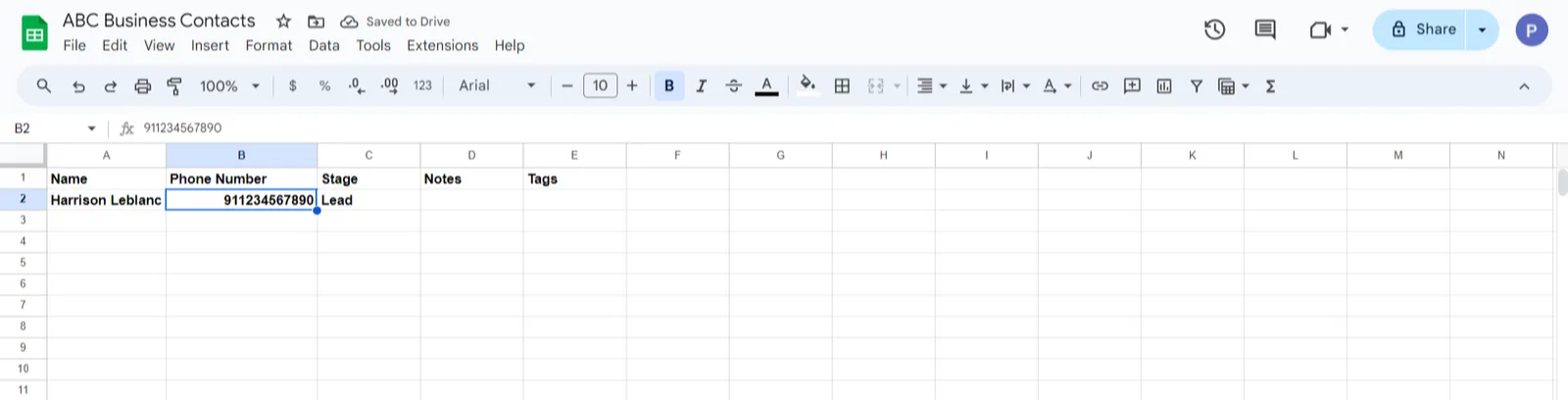 1. Click the "Test Step" button to verify that the spreadsheet received the test contact has been created.