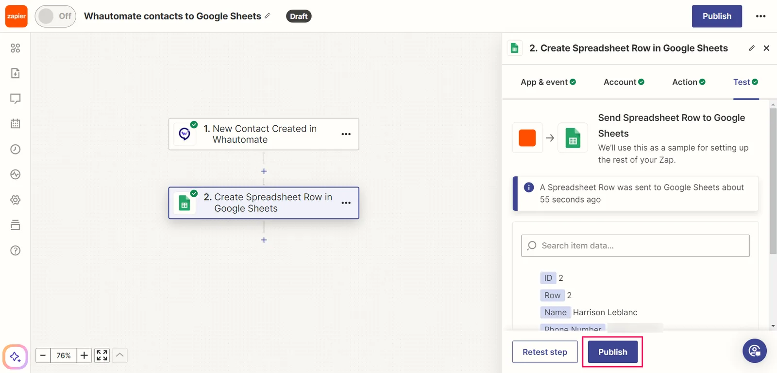 2. Click "Publish" after confirming that the test contact details have been successfully created in the spreadsheet.