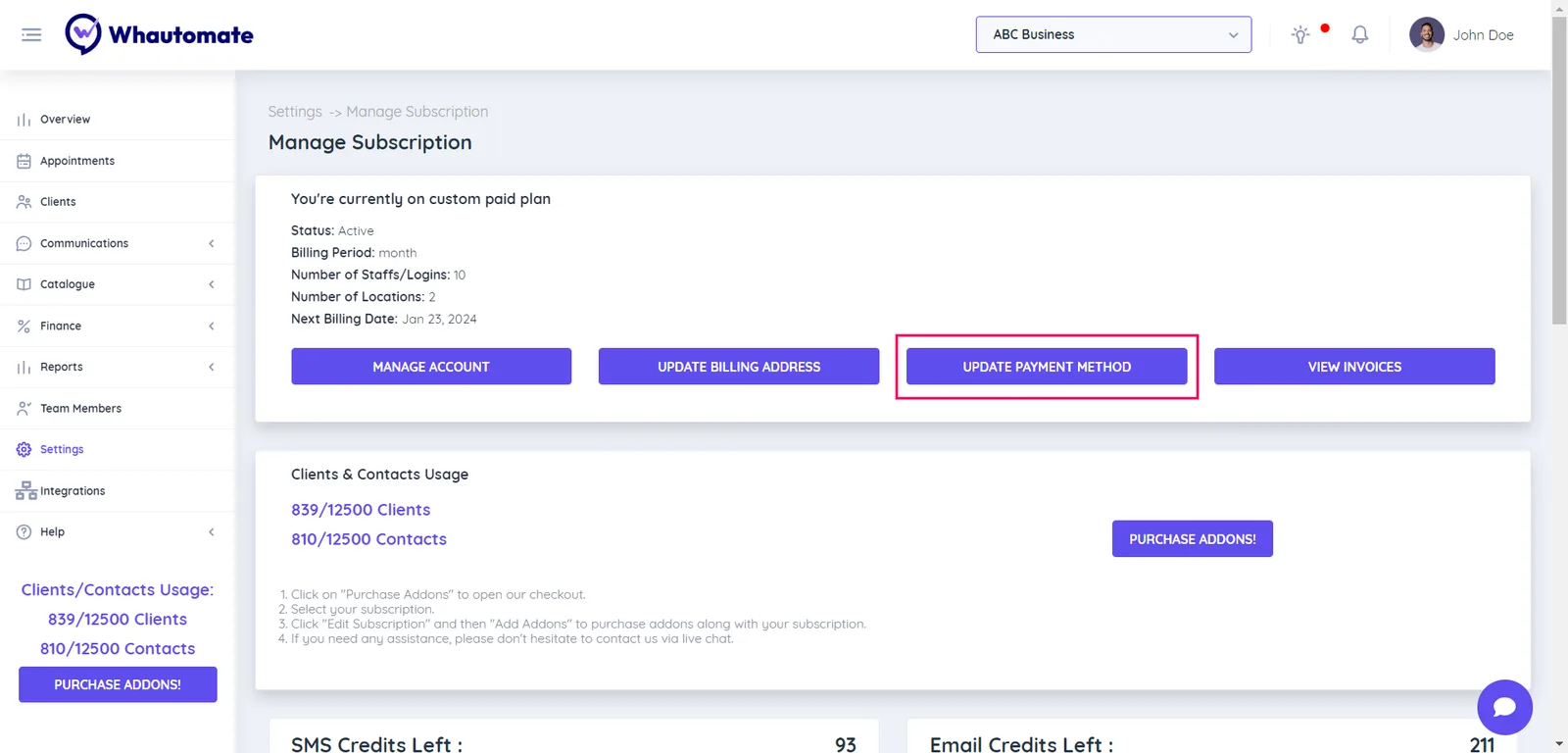 3. Click the "Update Payment Method" button to continue.