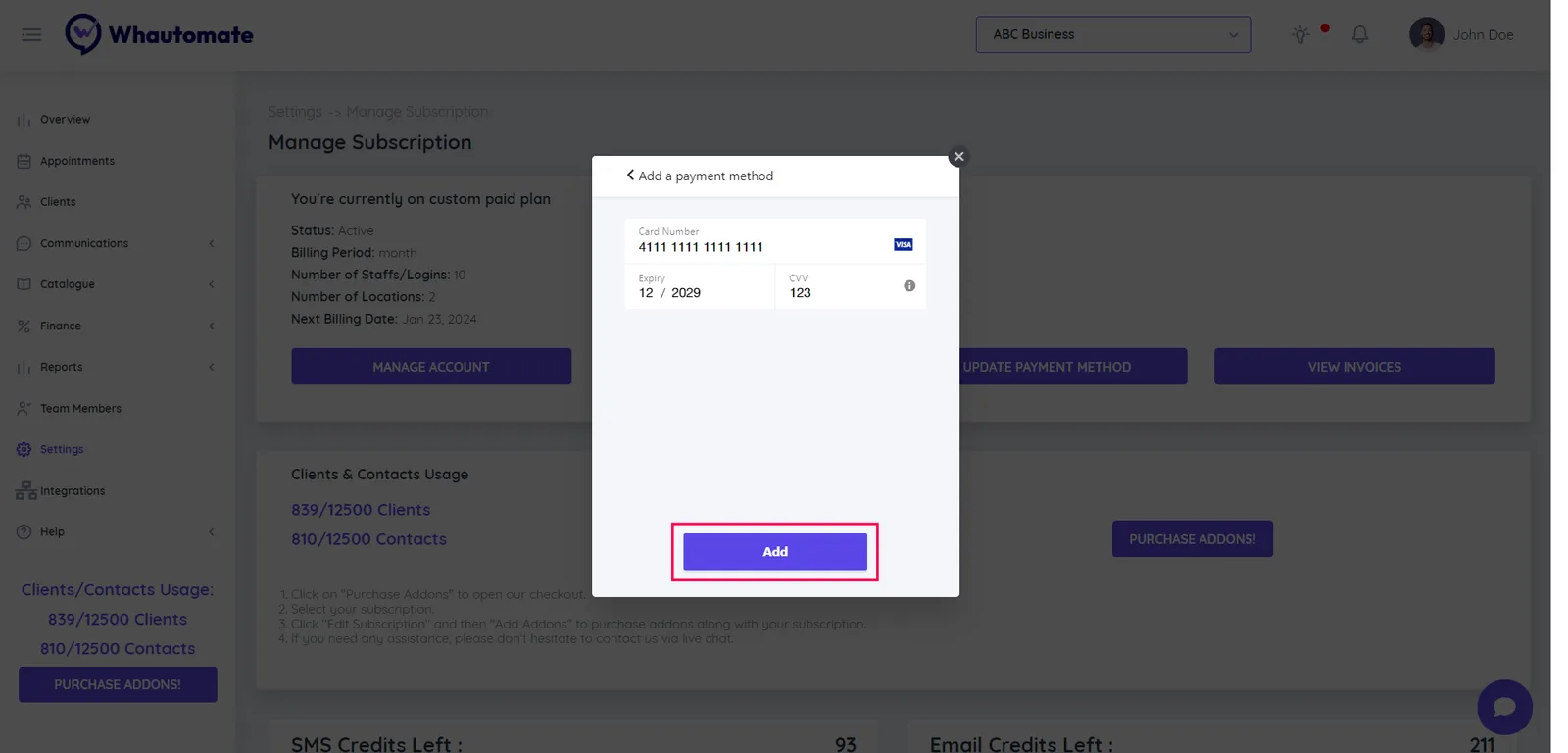 3. Enter the card number, expiration date, and CVV (security code), Click the "Add" button.