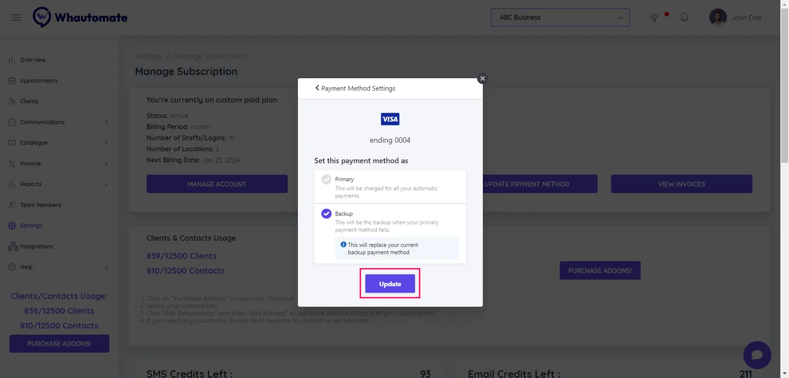 Set up automatic payments with two card payment methods - one as Primary and the other as Backup. The primary is charged for all payments, a