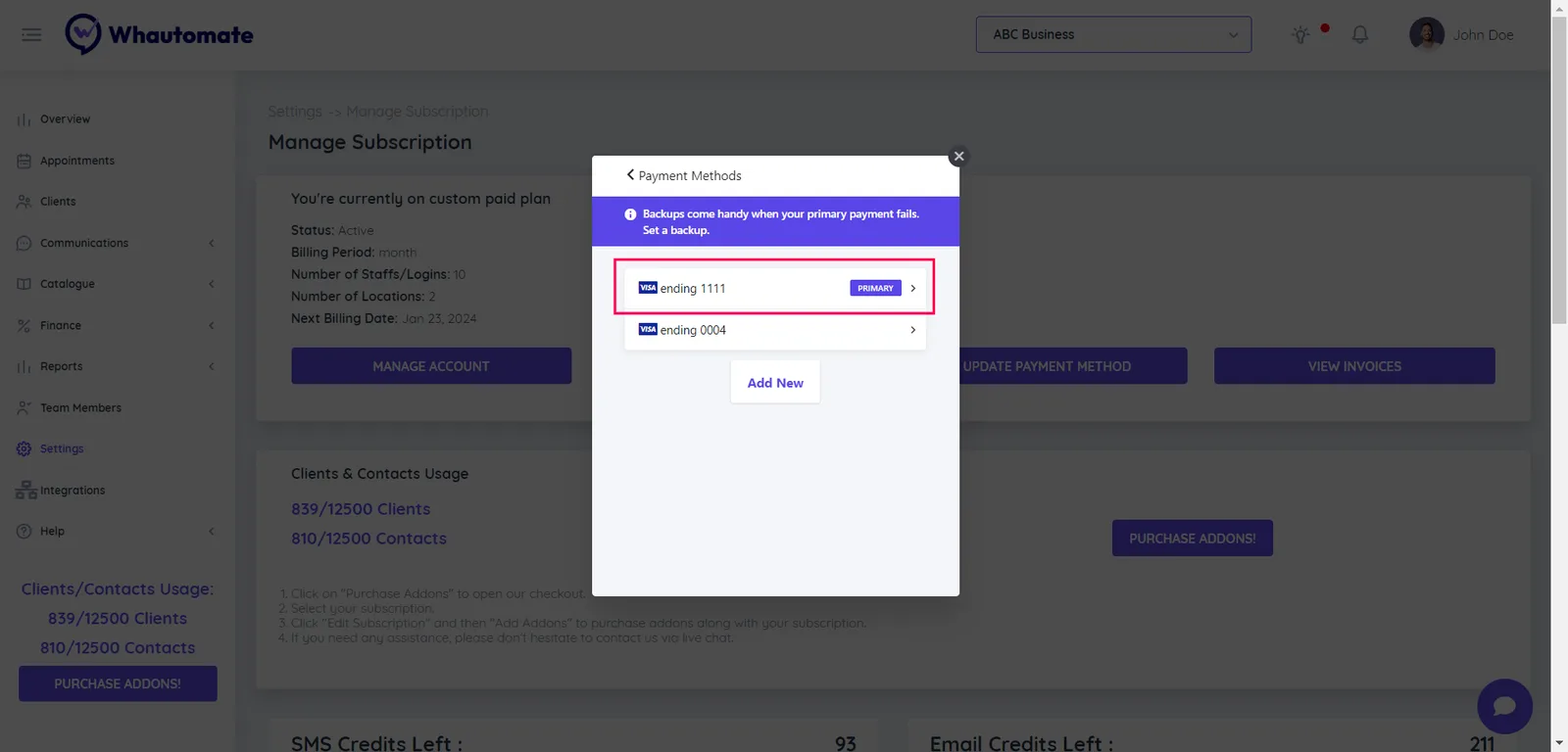 1. To update your payment card details, please select your primary payment method.
