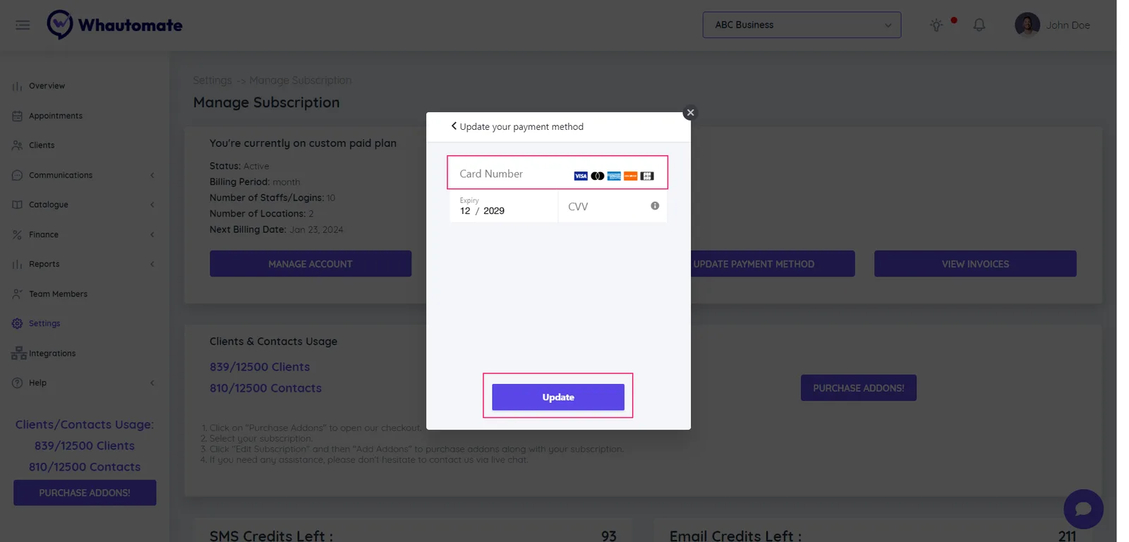 4. Enter the card number, expiration date, and CVV (security code), Click the "Update" button to save your new card.