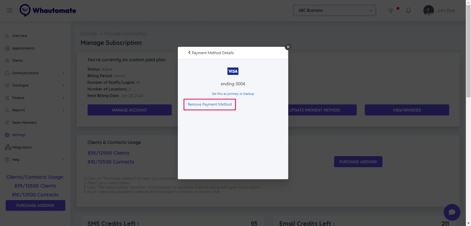 2. Select the "Remove Payment Method" option to proceed with removing the payment method.