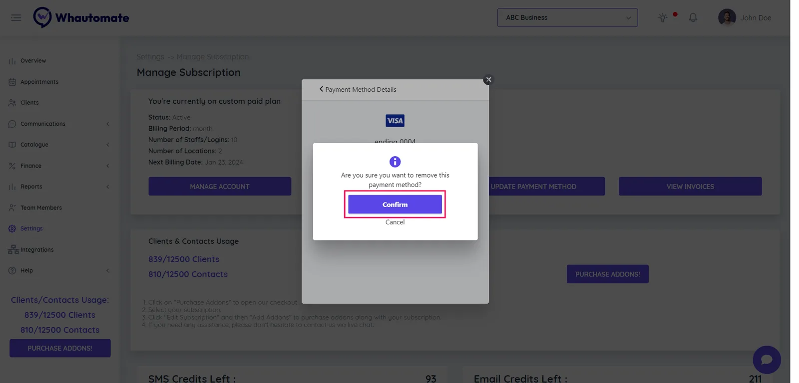 3. Click the "Confirm" button to finalize the removal of the payment method.
