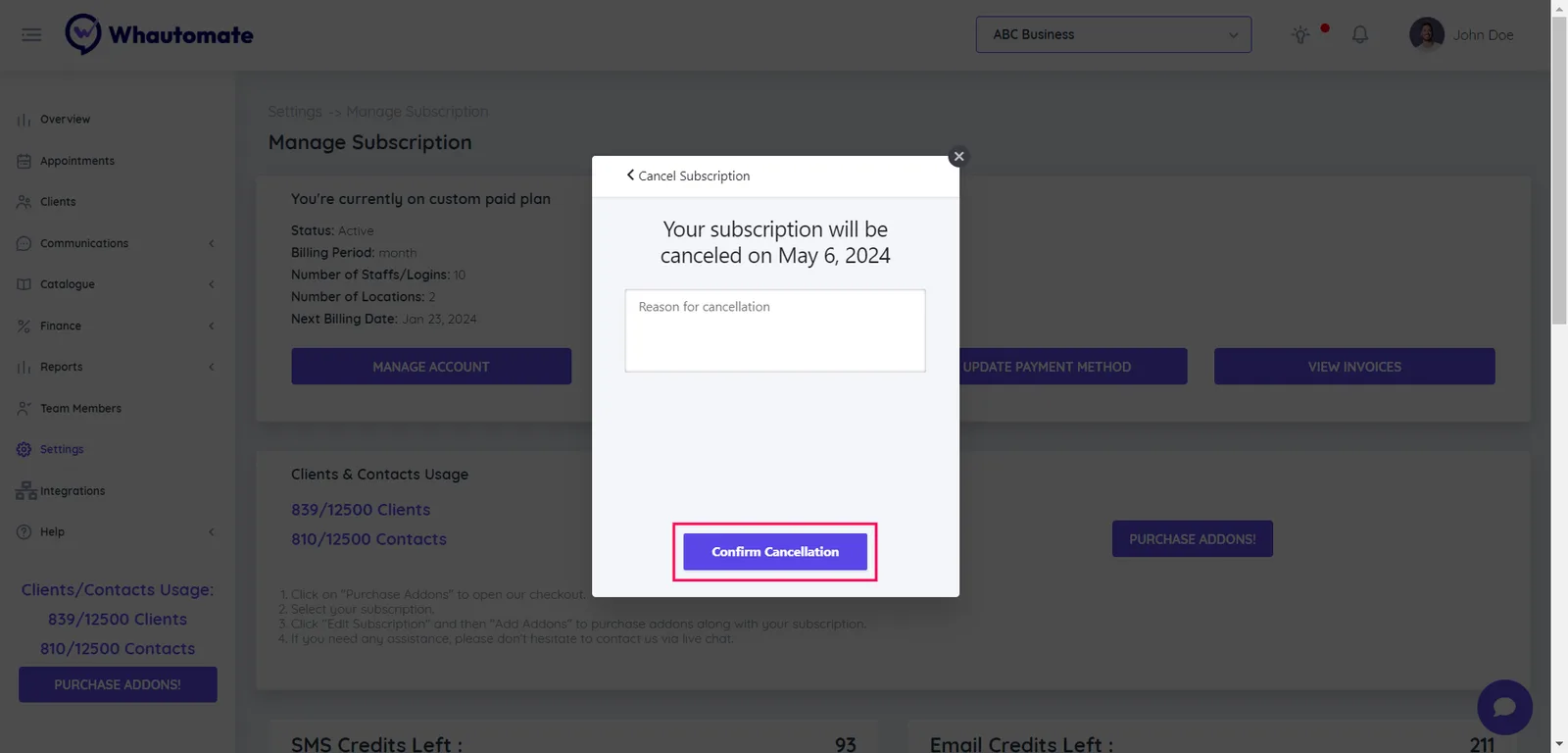 6. Click the "Confirm" button to proceed with cancelling your subscription at the end of the term.