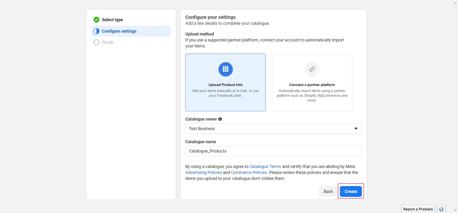 Catalogue name: Enter the Catalogue name for your reference and Click the "Create" button.