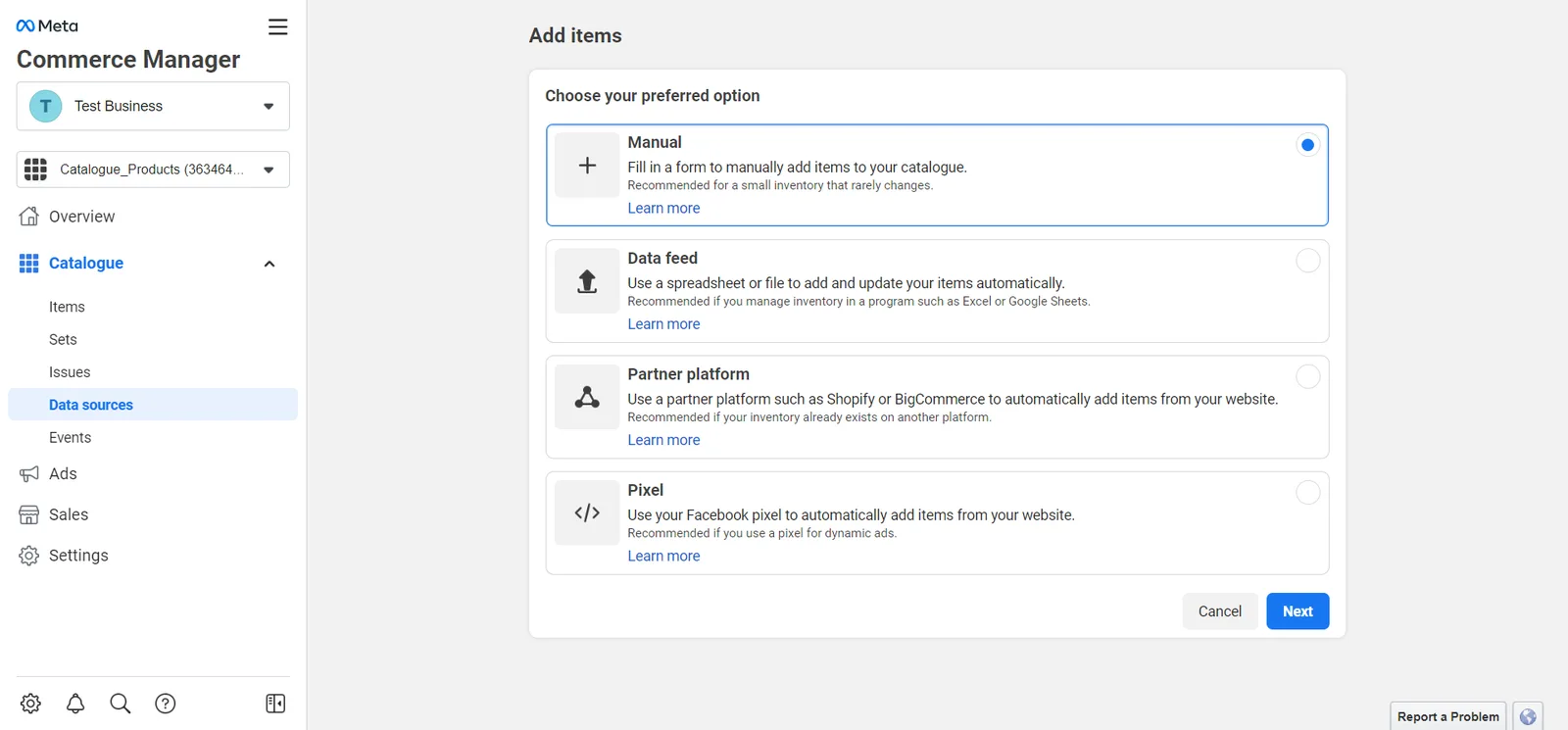 Add items page in Commerce Manager with the Manual, Data feed, Partner platform and Pixel options