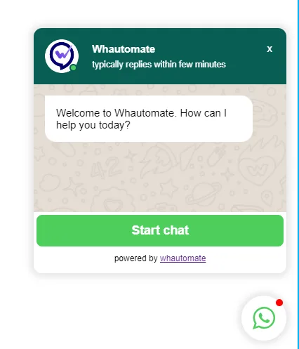 The WhatsApp chat widget open on a website, showing the business name, a welcome message and the Start chat button