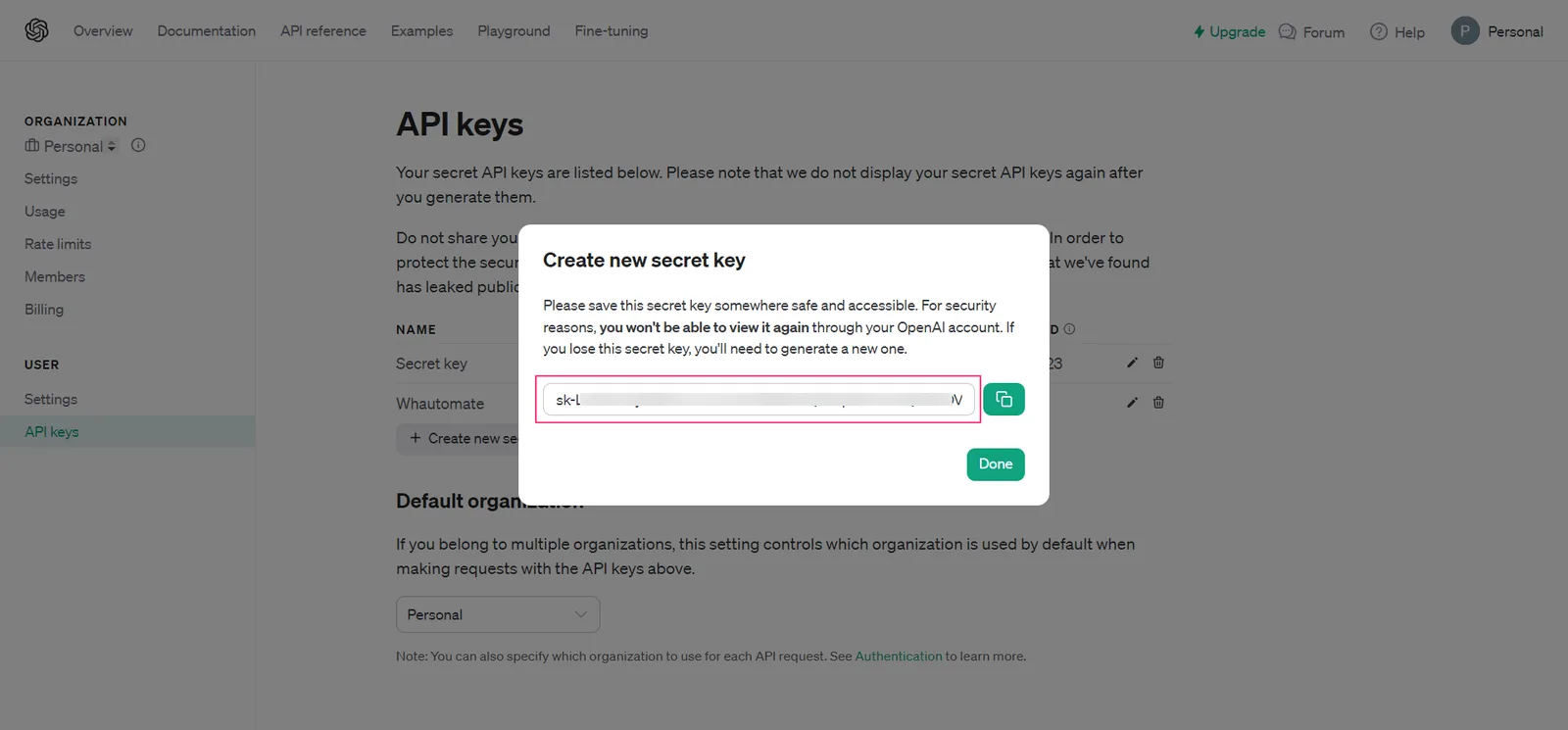 Copying a new secret key in the OpenAI dashboard