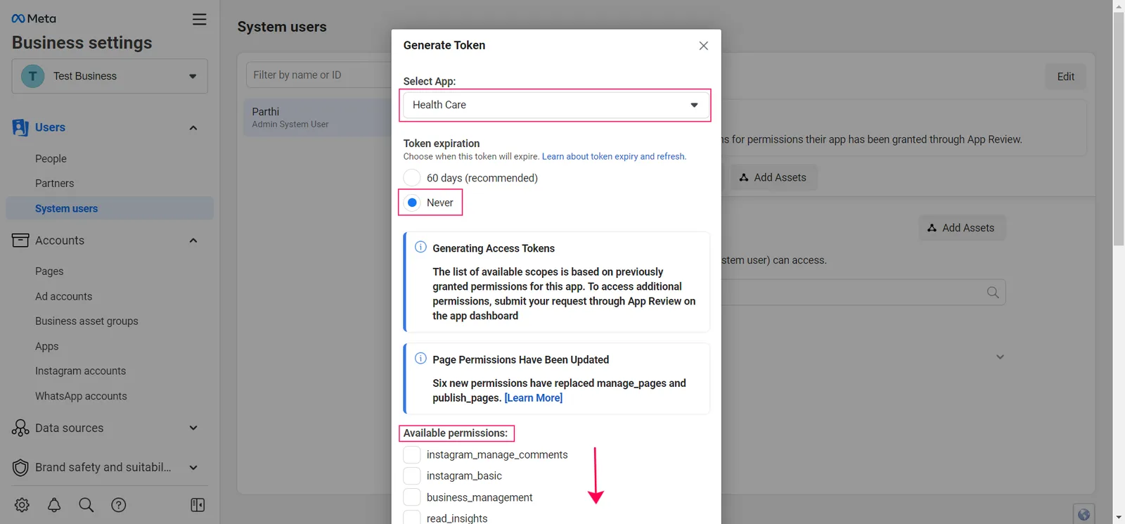 The Generate Token dialog for a system user in Meta Business Settings with an app selected, token expiration set to Never and the Available permissions list
