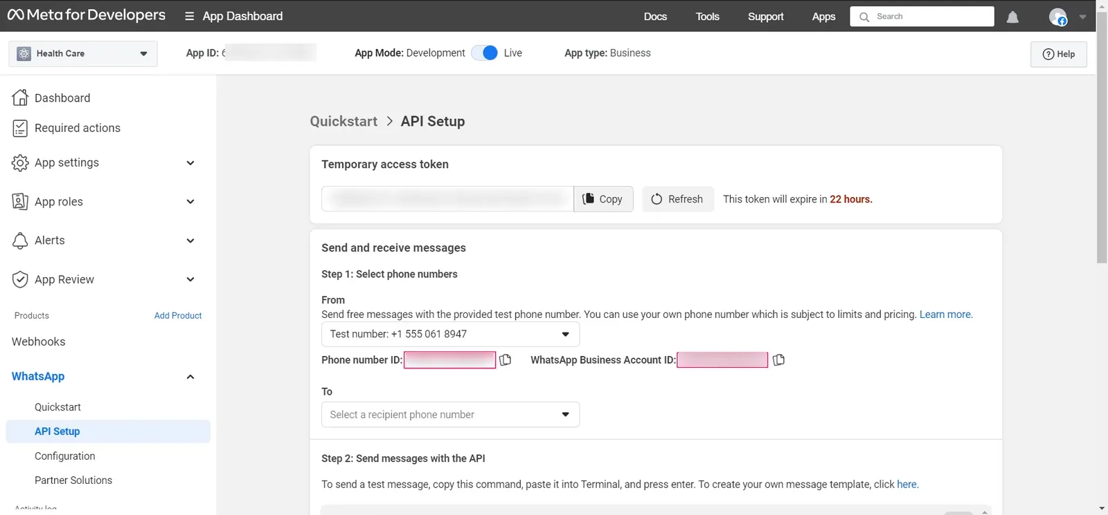 The Meta developer app API Setup page showing the Phone number ID and WhatsApp Business Account ID