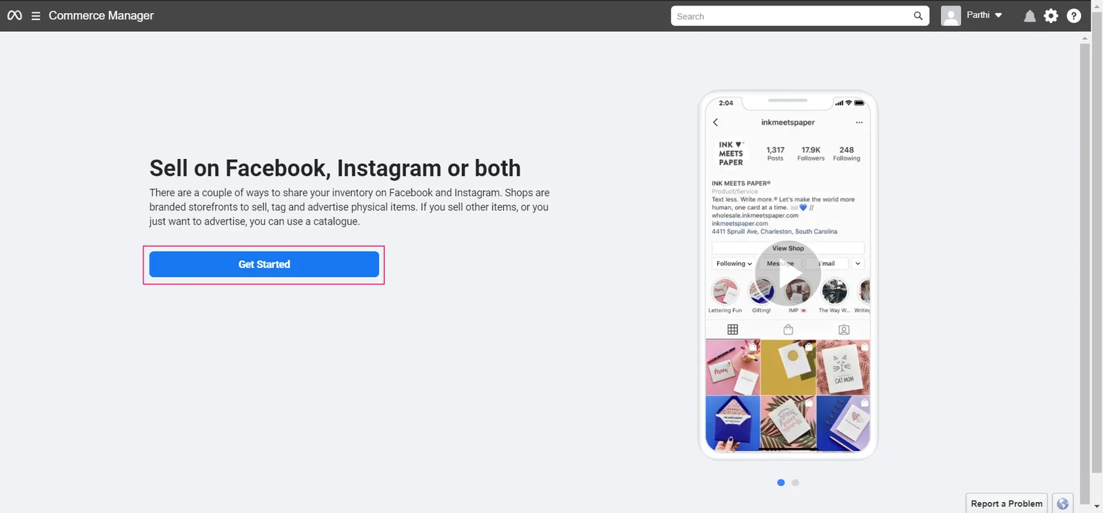 Meta Commerce Manager start page with the Get Started button