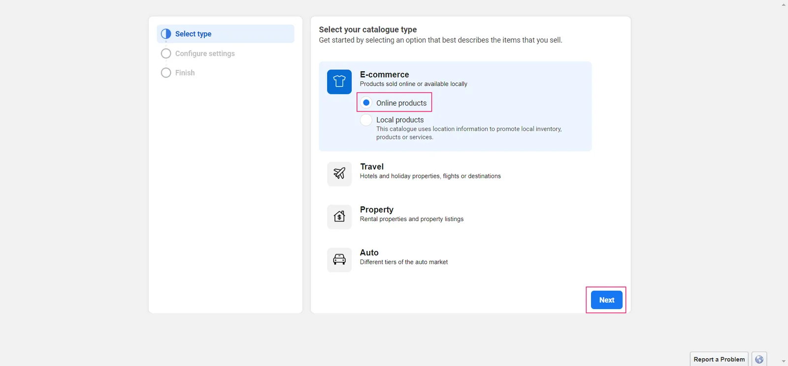 (i) Select type: Choose the E-commerce option, Select the Online Products option and Click the Next button.