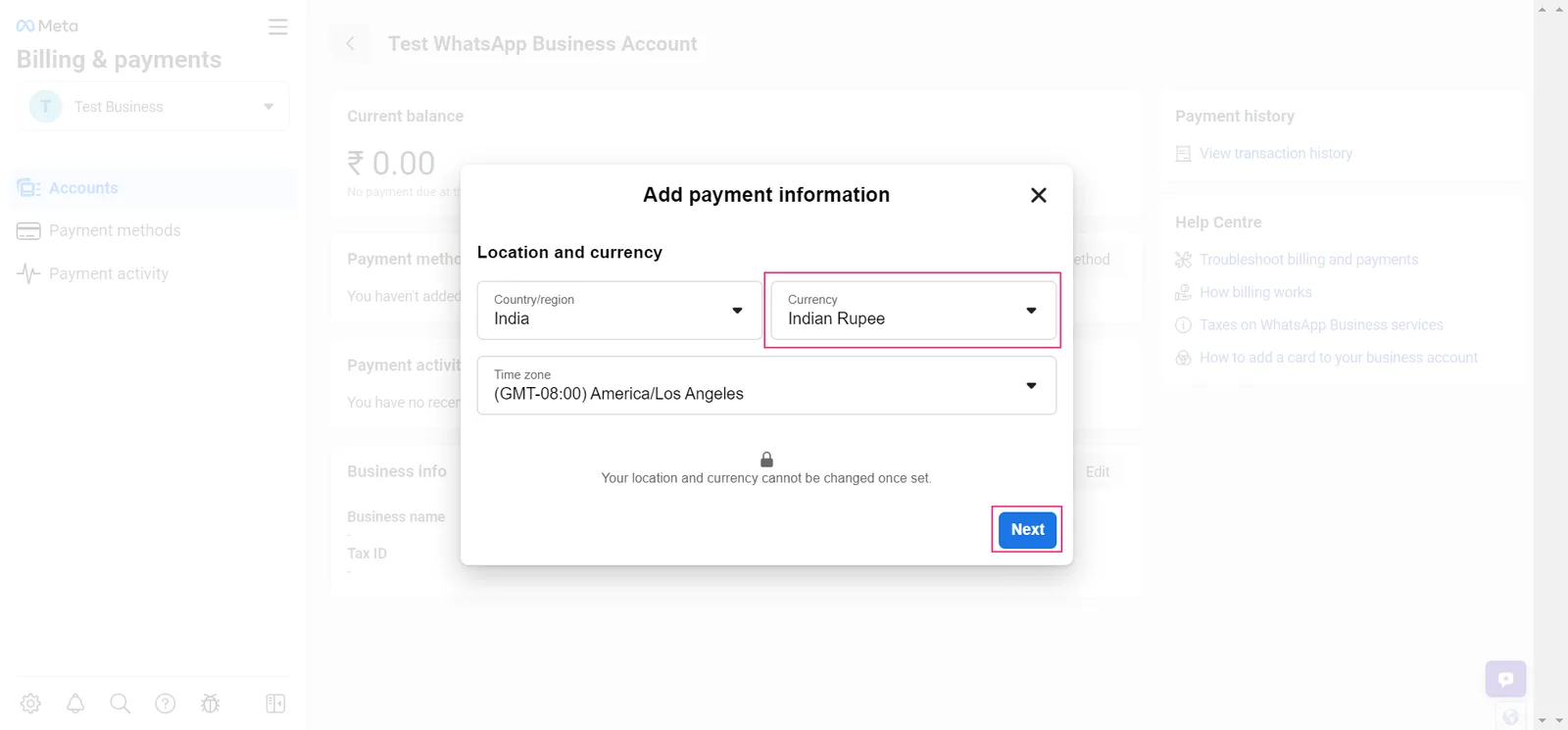 Choosing the country or region and currency for the WhatsApp payment method