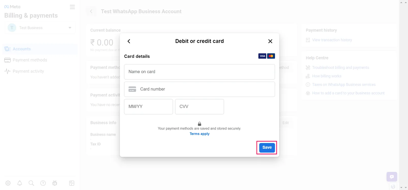 Entering card details for the WhatsApp payment method