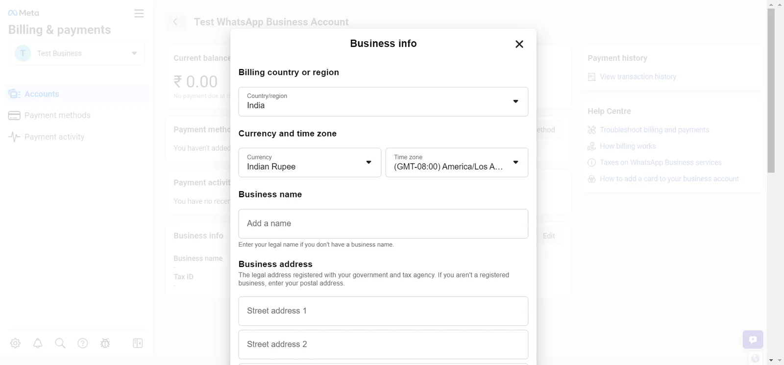 Adding business billing information for WhatsApp payments