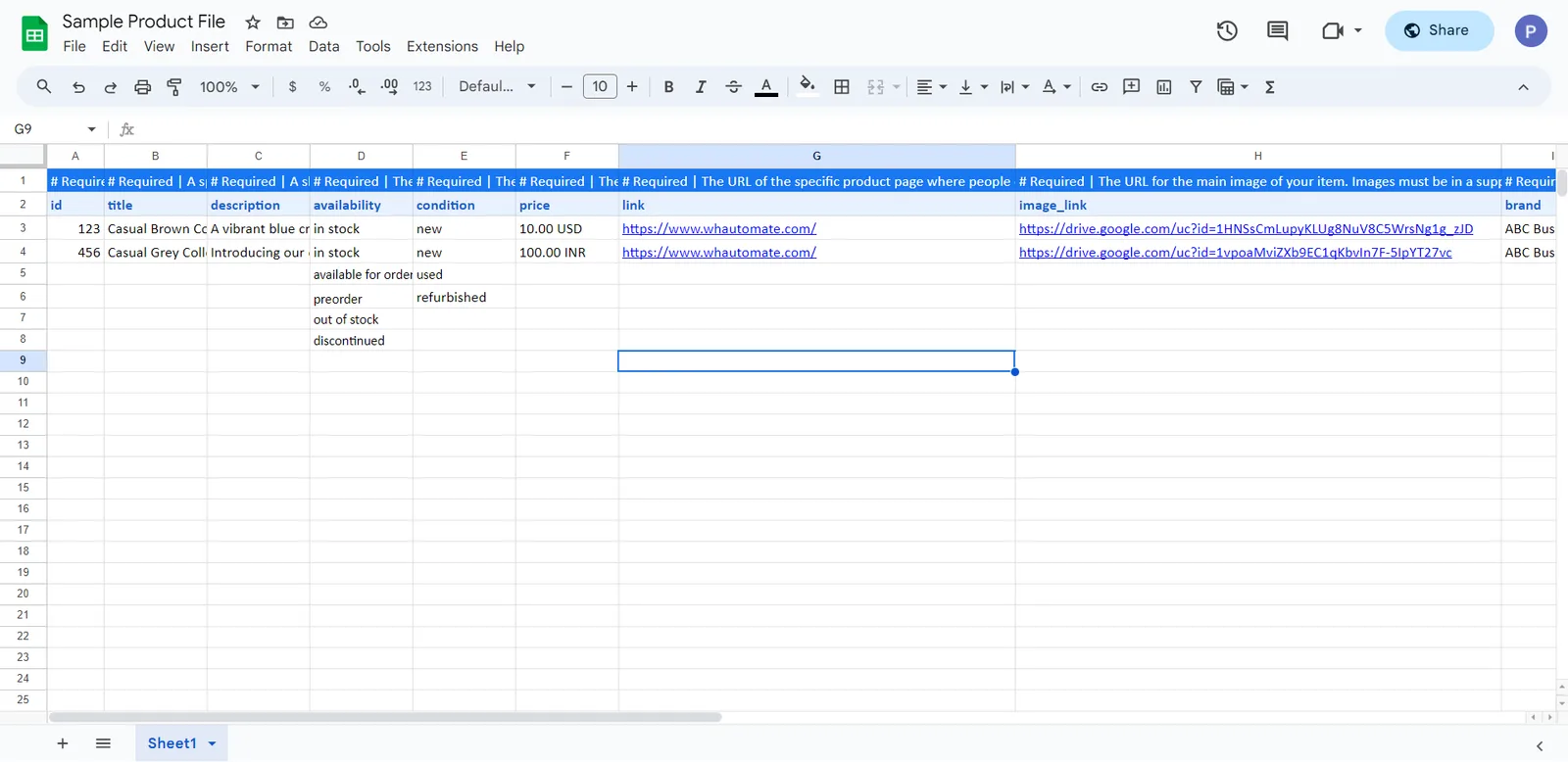 Sample product file in Google Sheets with the required id, title, description, availability, condition, price, link and image_link columns
