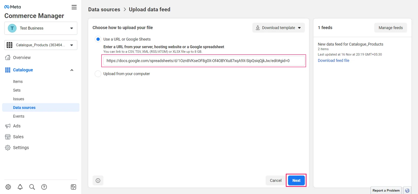 Enter a URL from your server, hosting website or a Google spreadsheet. Click the Next button to proceed.