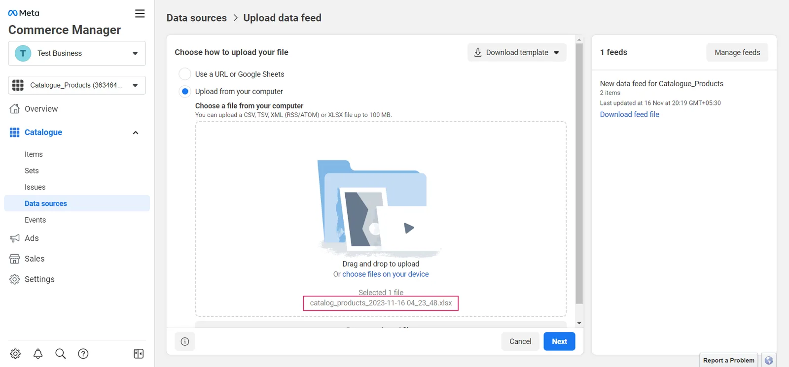 Once you've added all the products to an XLSX or CSV file, simply drag and drop the file to upload it. Then click the "Next" button to proce