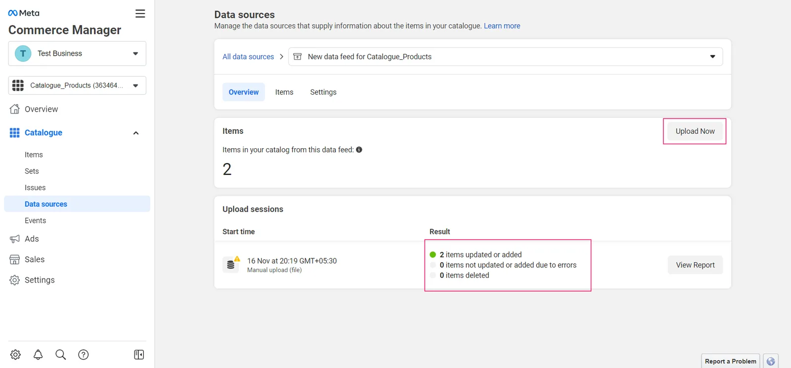 Data source overview with the Upload Now button and an upload session showing 2 items updated or added and 0 errors