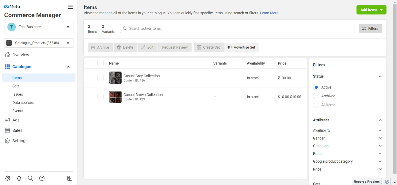 Commerce Manager Items list showing the two products uploaded from the file
