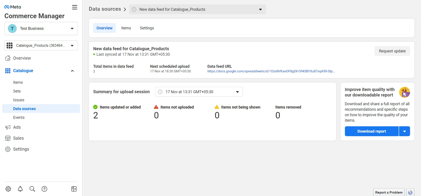 The items have been successfully added from the Data feed URL.
