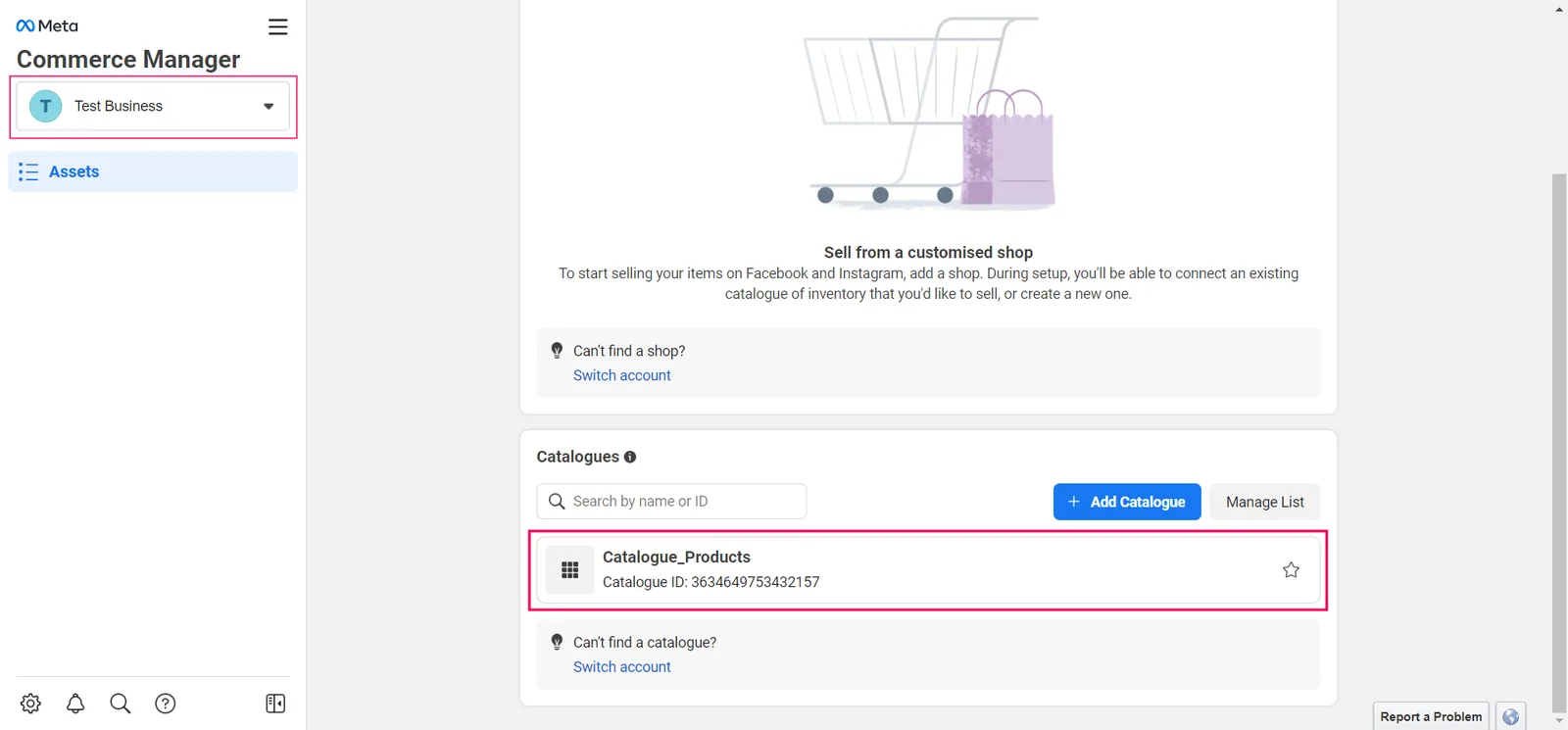 Choose your business and Select your previously created Catalogue.
