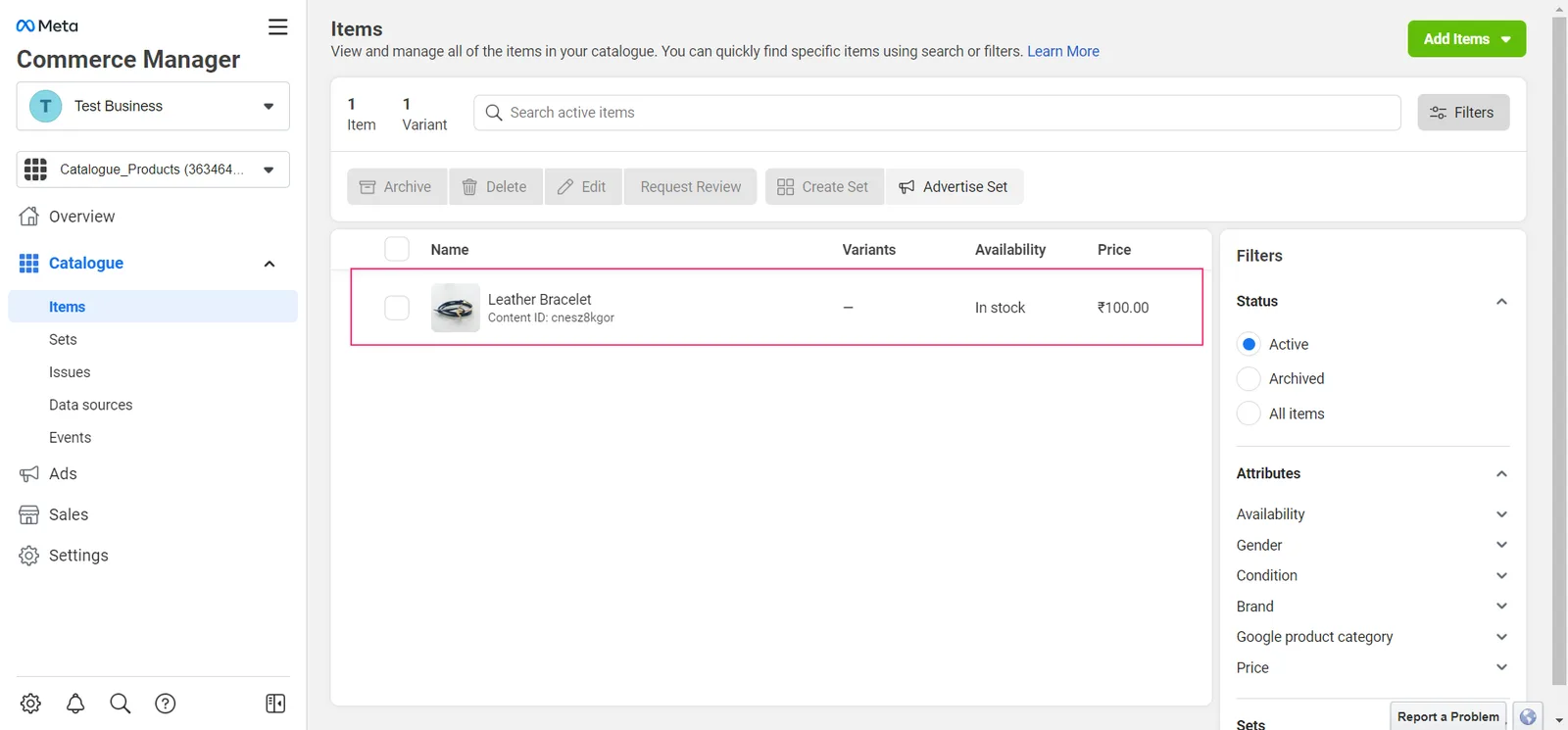 Commerce Manager Items list showing the uploaded Leather Bracelet item in stock