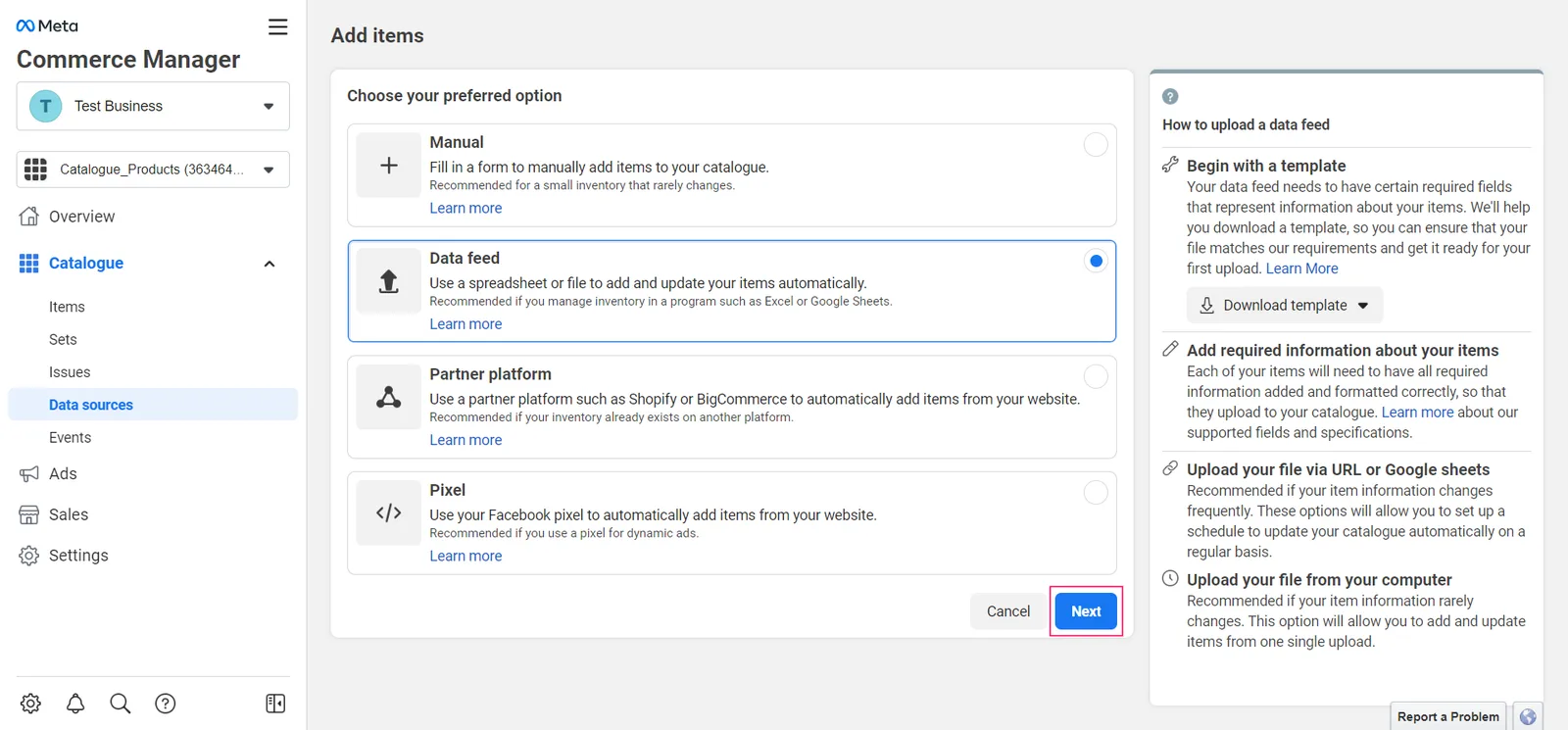 Data Feed: Use a spreadsheet or file to add and update your items automatically.