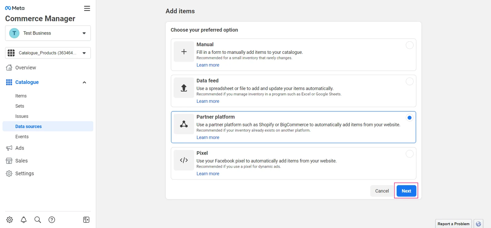Select your partner platform to add items to your catalogue. For some partners, you may need to finish setting up directly on their site.