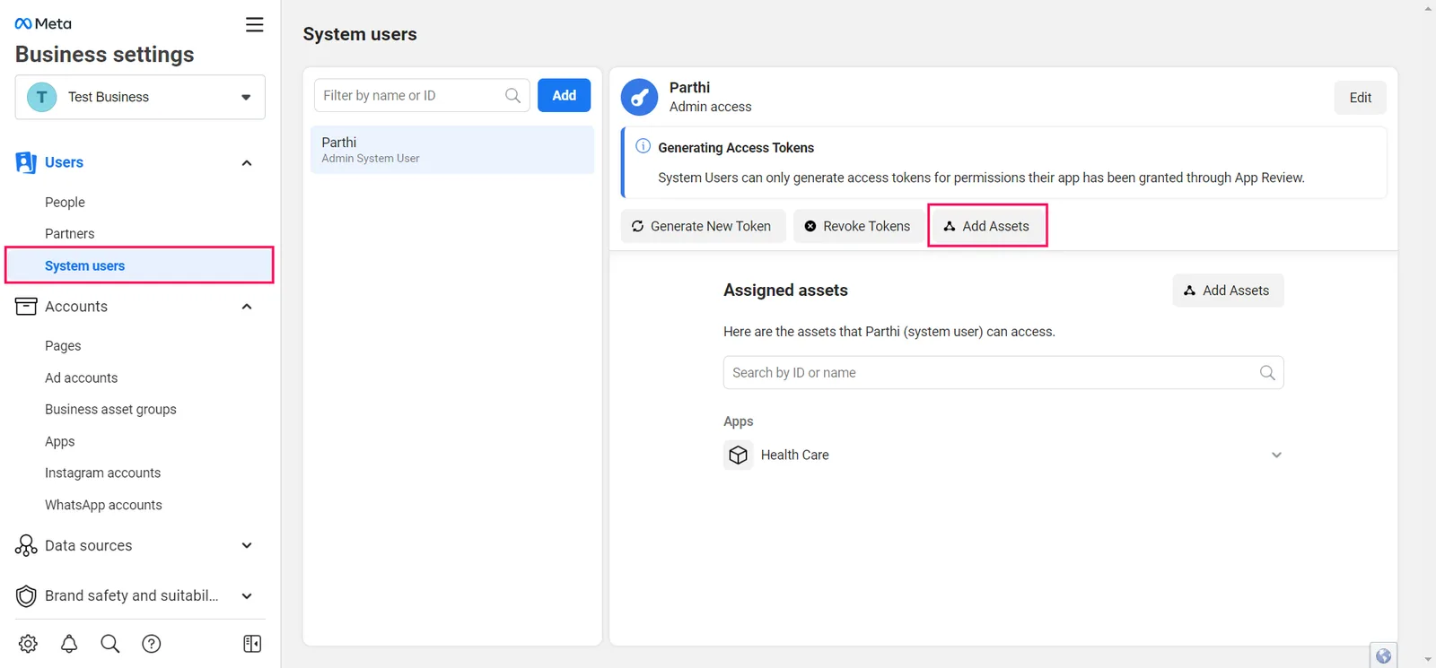 (i) Select the System users menu option, then click the Add Assets button.