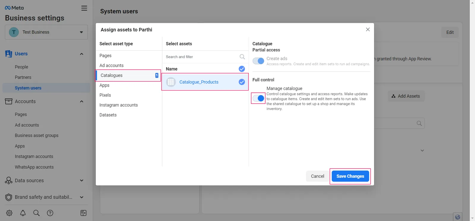 (ii) Select the asset type as Catalogues, then select the previously created catalogue name. Next, choose the Full Control option and click 