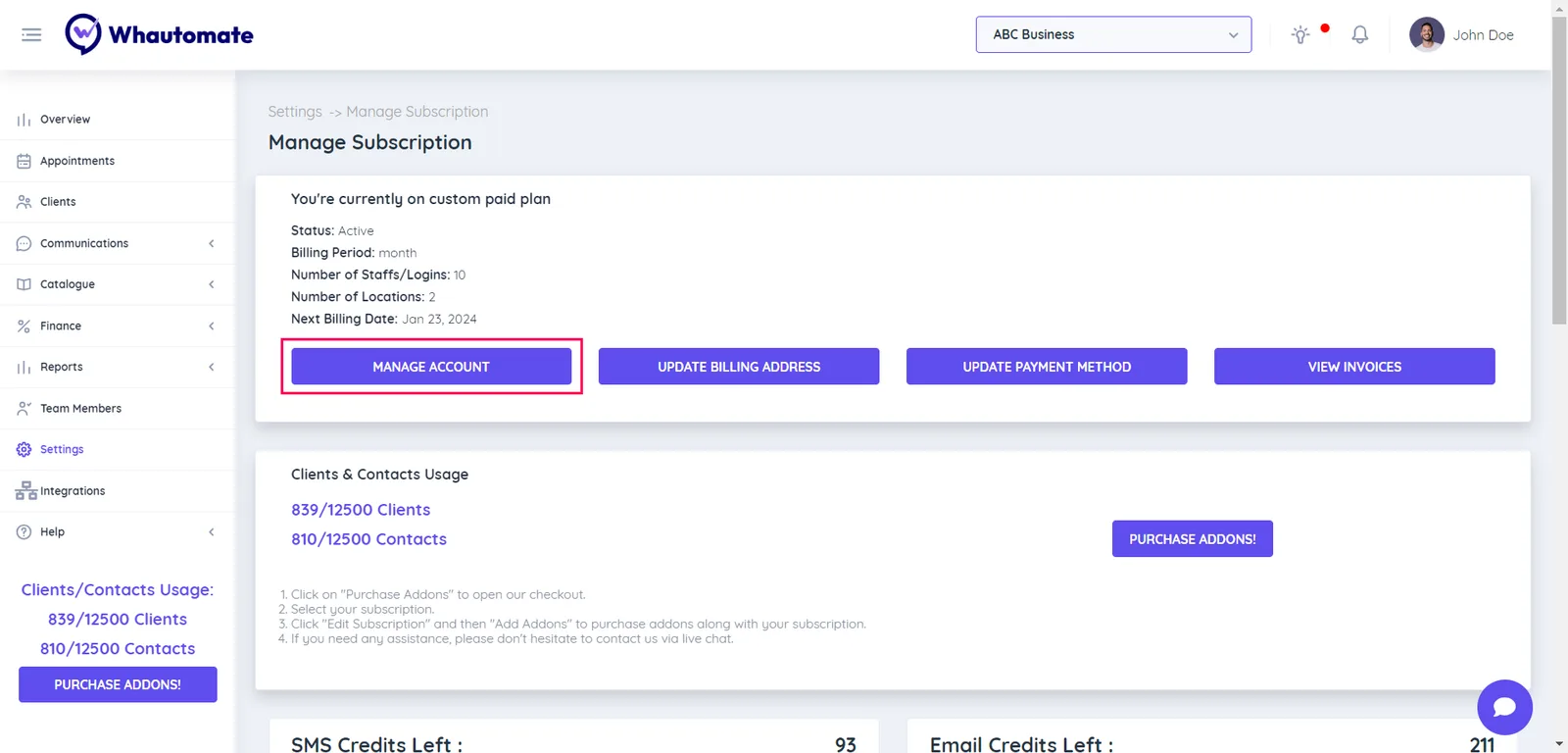 2. Select the "Manage Account" button to continue