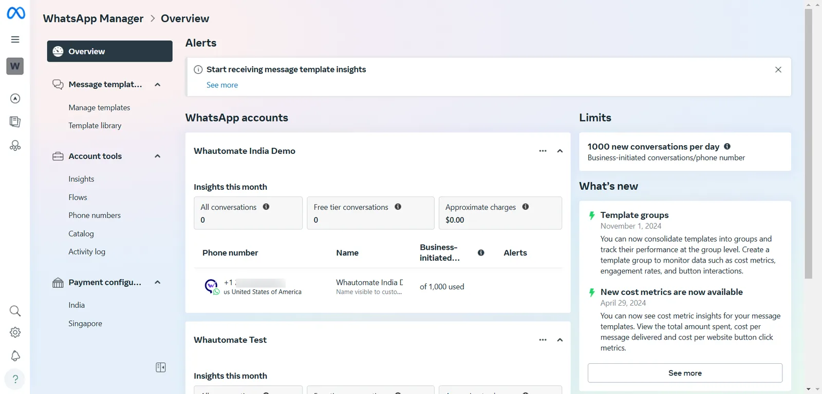 The WhatsApp Manager Overview page with the Account tools menu