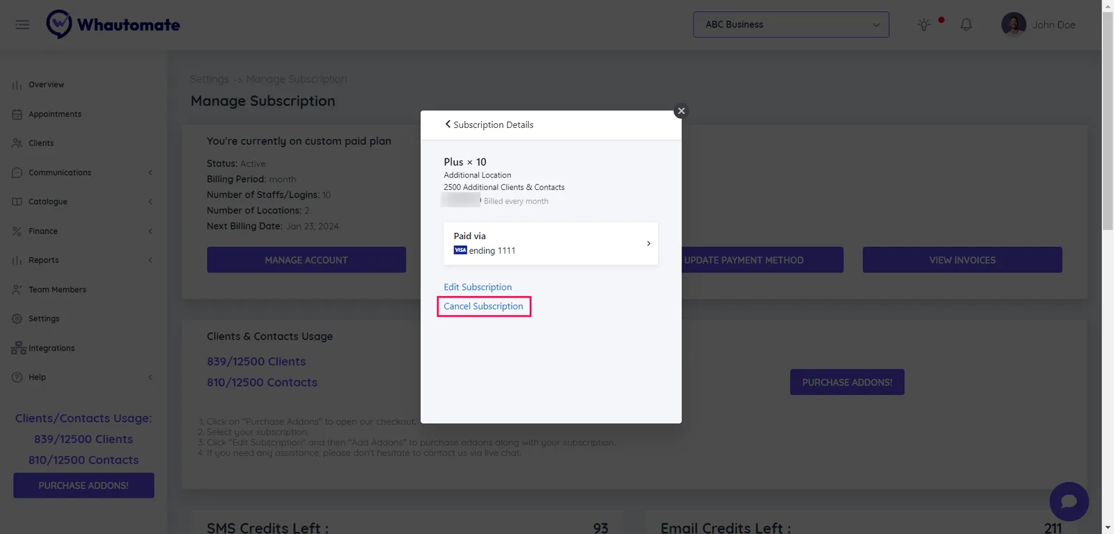 4. Within the subscription details section, Click the "Cancel Subscription" option to initiate the cancellation process.