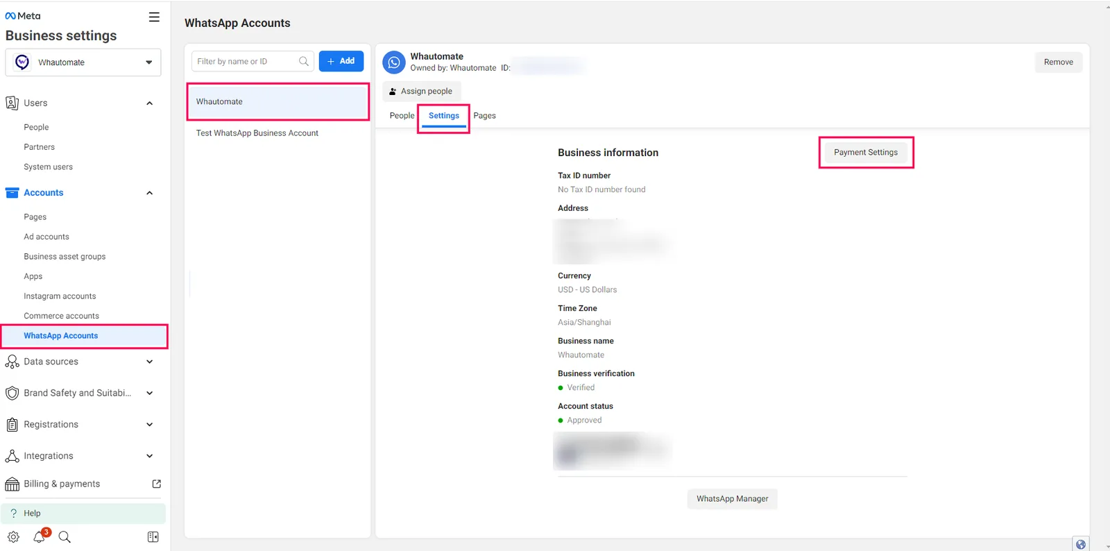 WhatsApp accounts in Meta Business Settings with the Payment Settings button on the Settings tab