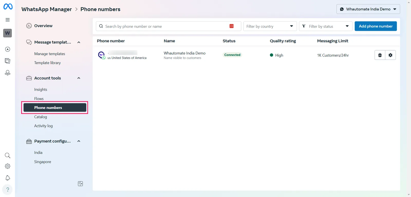 Phone numbers selected under Account tools in WhatsApp Manager