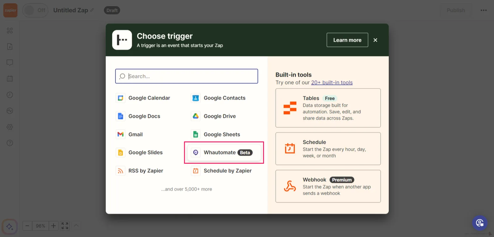 1. Search and select the Whautomate app in the App Event to trigger the Zap when a new contact is created at Whautomate.