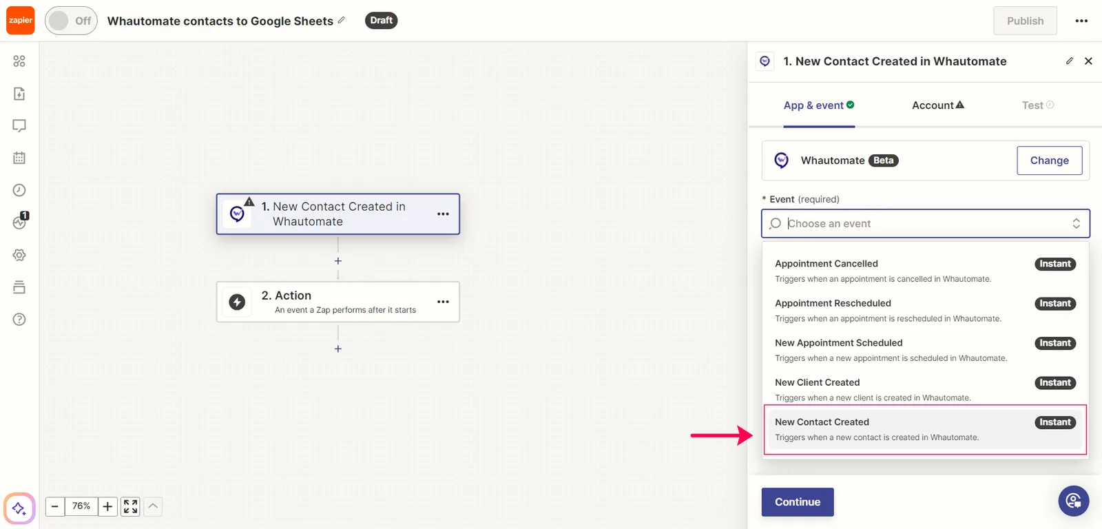 2. Search and Choose the "New Contact Created" for the Trigger Event then continue.