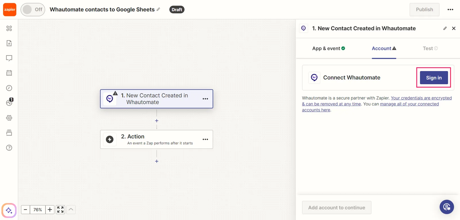 1. Click the "Sign in" button and Allow Zapier to access your Whautomate Account.