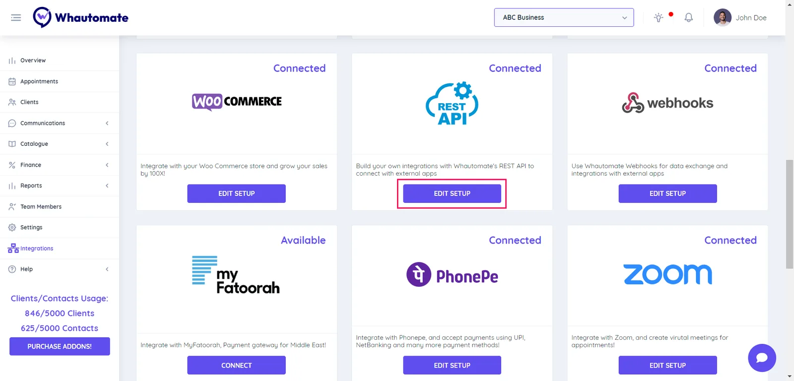 3. Go to the Integrations page in the Whautomate platform then scroll down and select the Rest API Connect or Edit Setup button to continue.